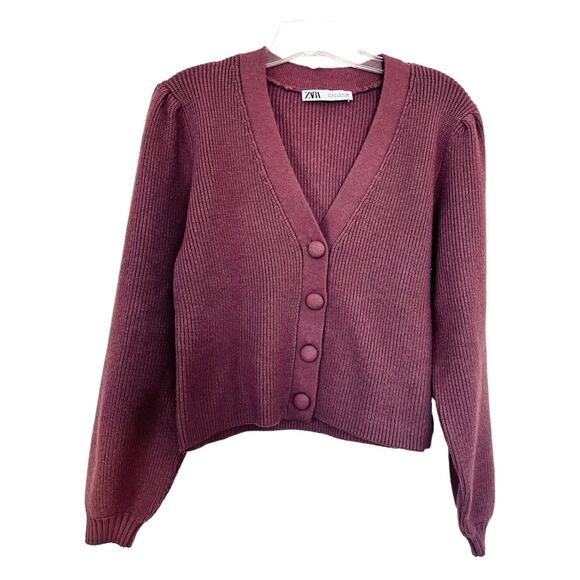 Zara mauve cropped rib knit cardigan size Small - Picture 6 of 10